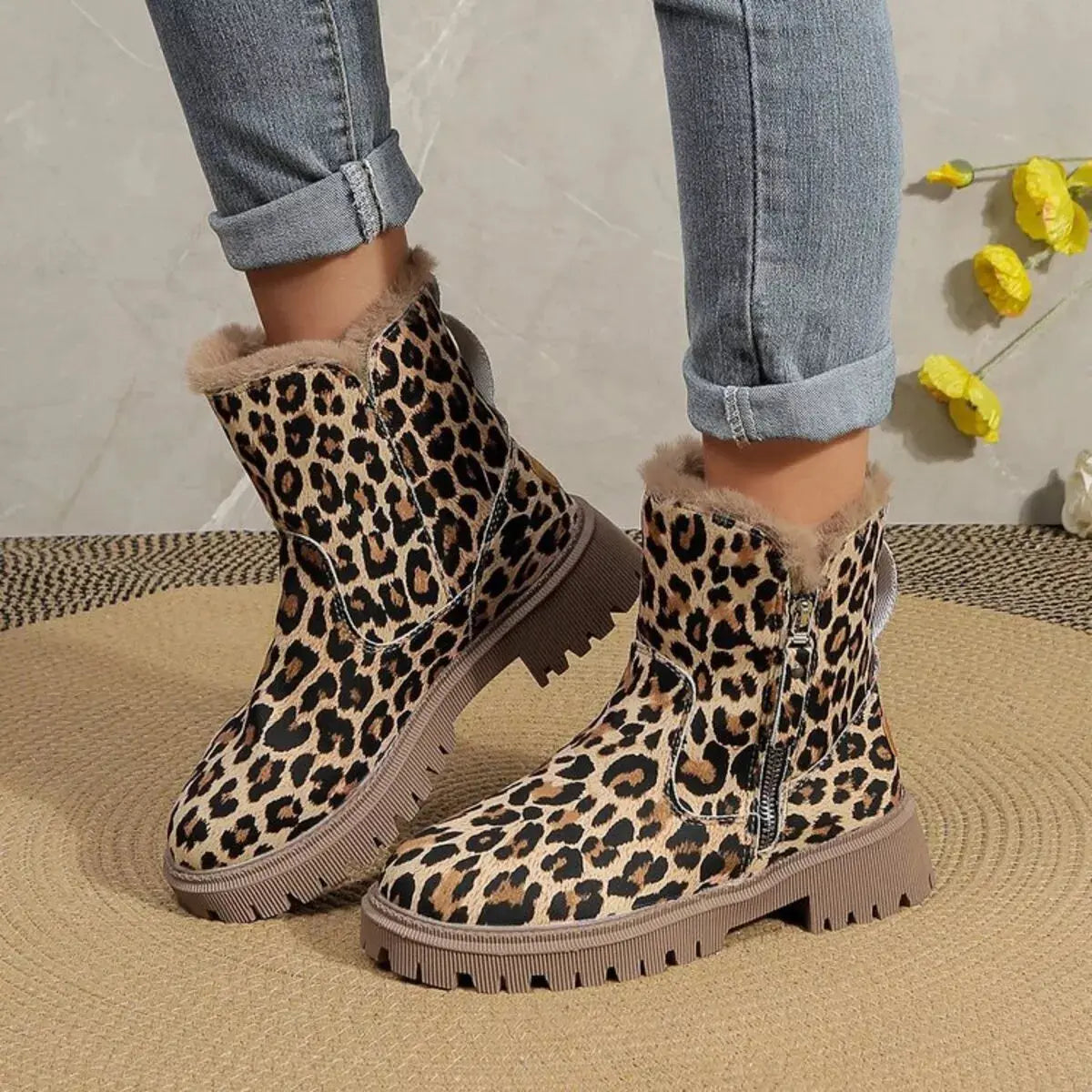 Leopard Print Fur Lined Ankle Boots Simply Love