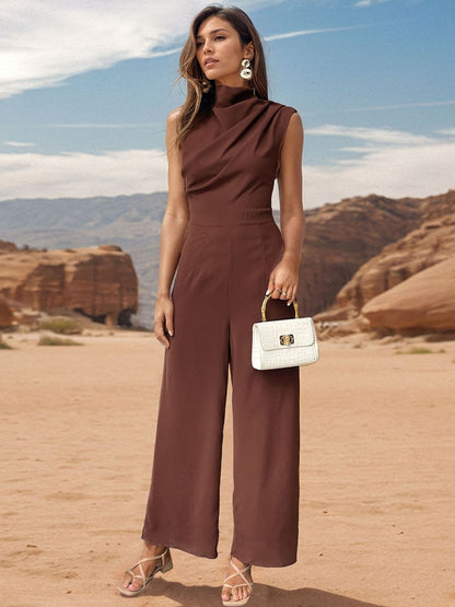 Ruched Mock Neck Sleeveless Jumpsuit.