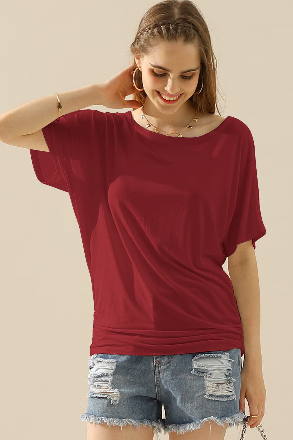 Ninexis Boat Neck Short Sleeve Ruched Side Top.