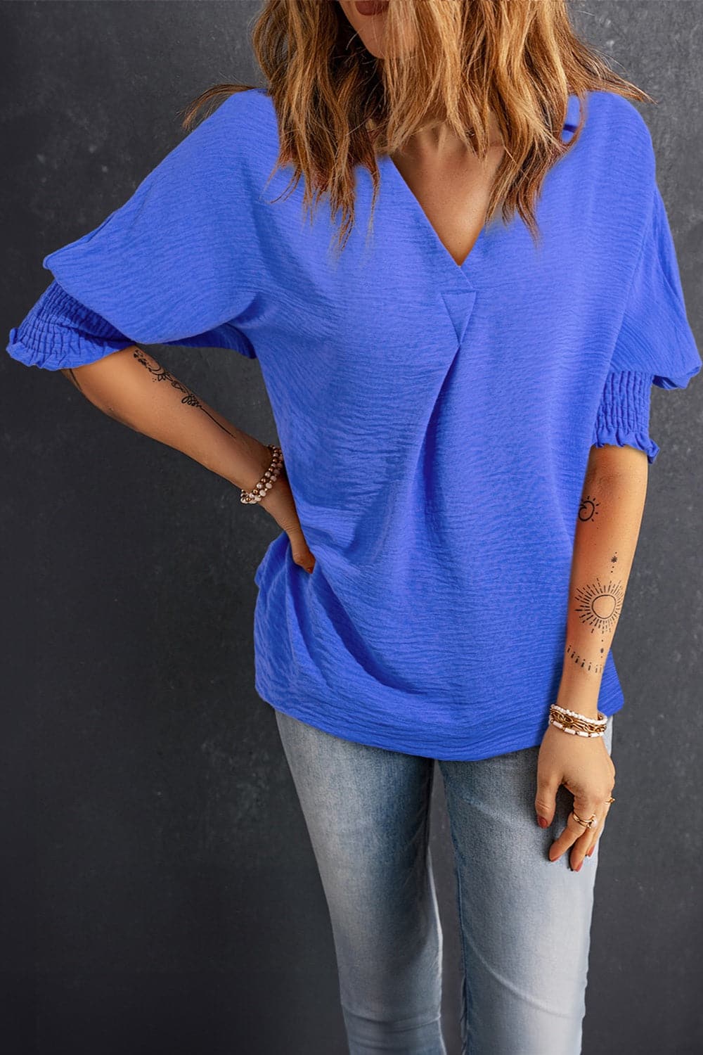 Smocked Johnny Collar Half Sleeve Blouse.