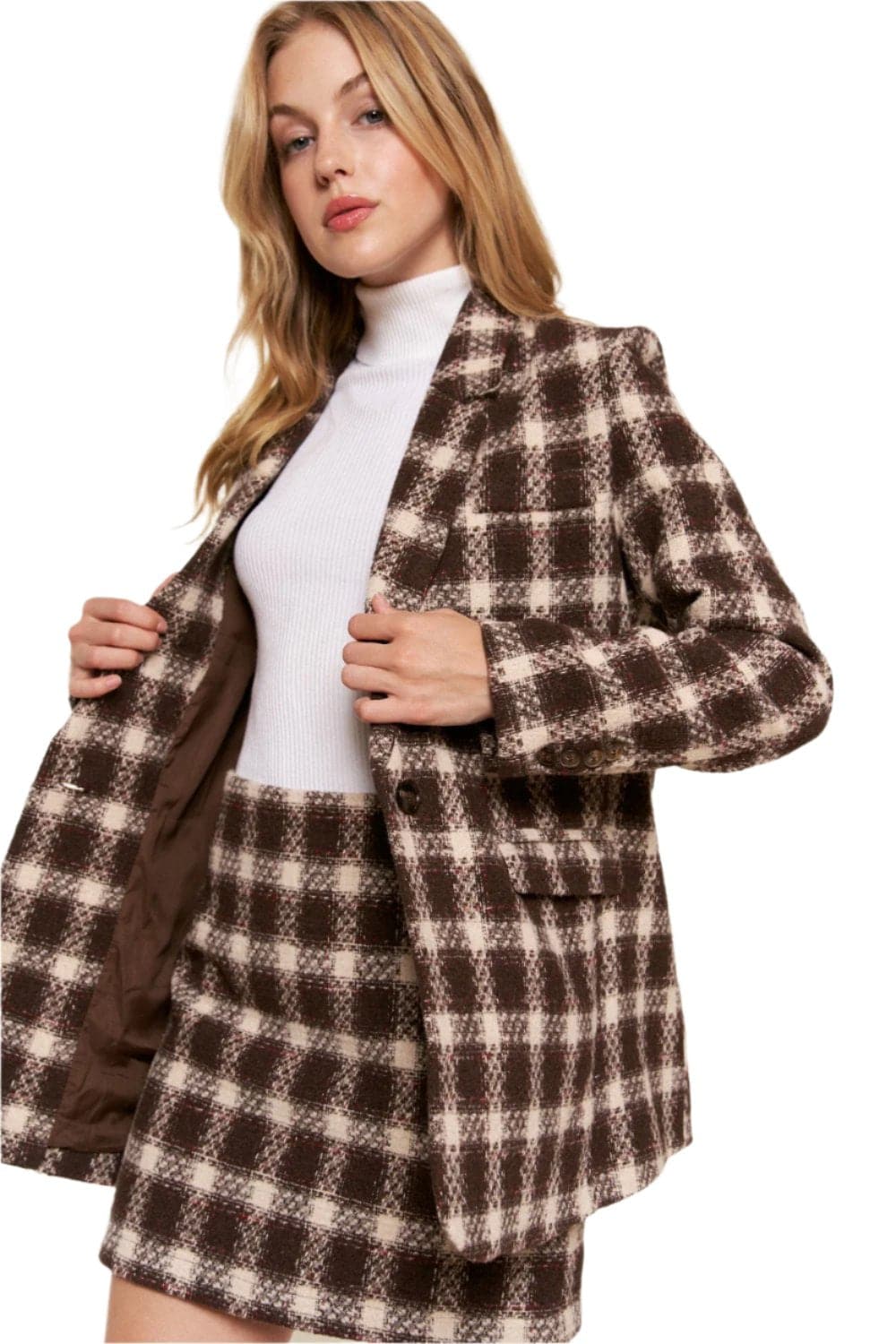 And The Why Full Size Plaid Brushed One Button Blazer.