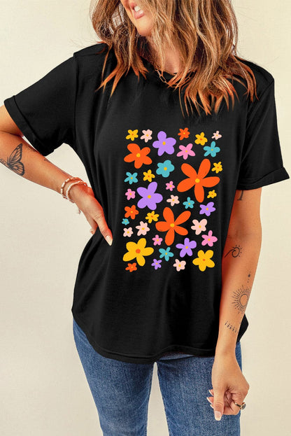 Flower Graphic Round Neck Short Sleeve T-Shirt.