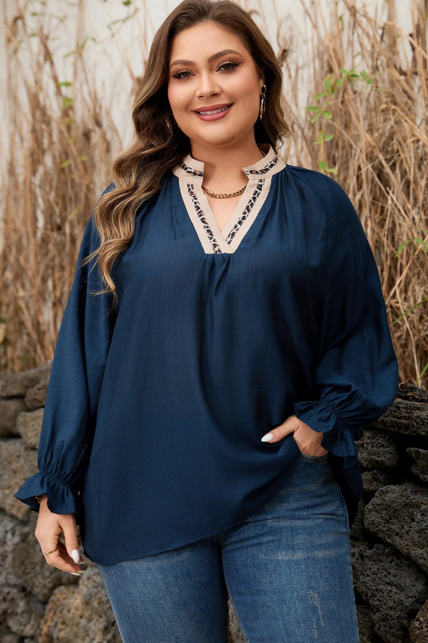 Navy Blue Patchwork Leopard Collar Plus Size Blouse With Flounce Sleeves Dear-Lover Dropshipping