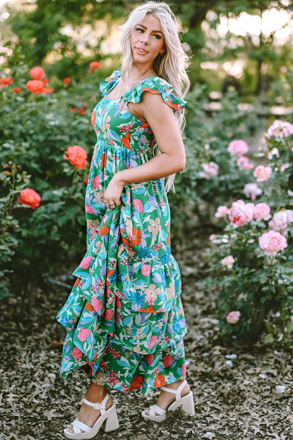 Green Floral Print Sleeveless Ruffle Tiered Maxi Dress Delight