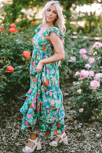 Green Floral Print Sleeveless Ruffle Tiered Maxi Dress Delight