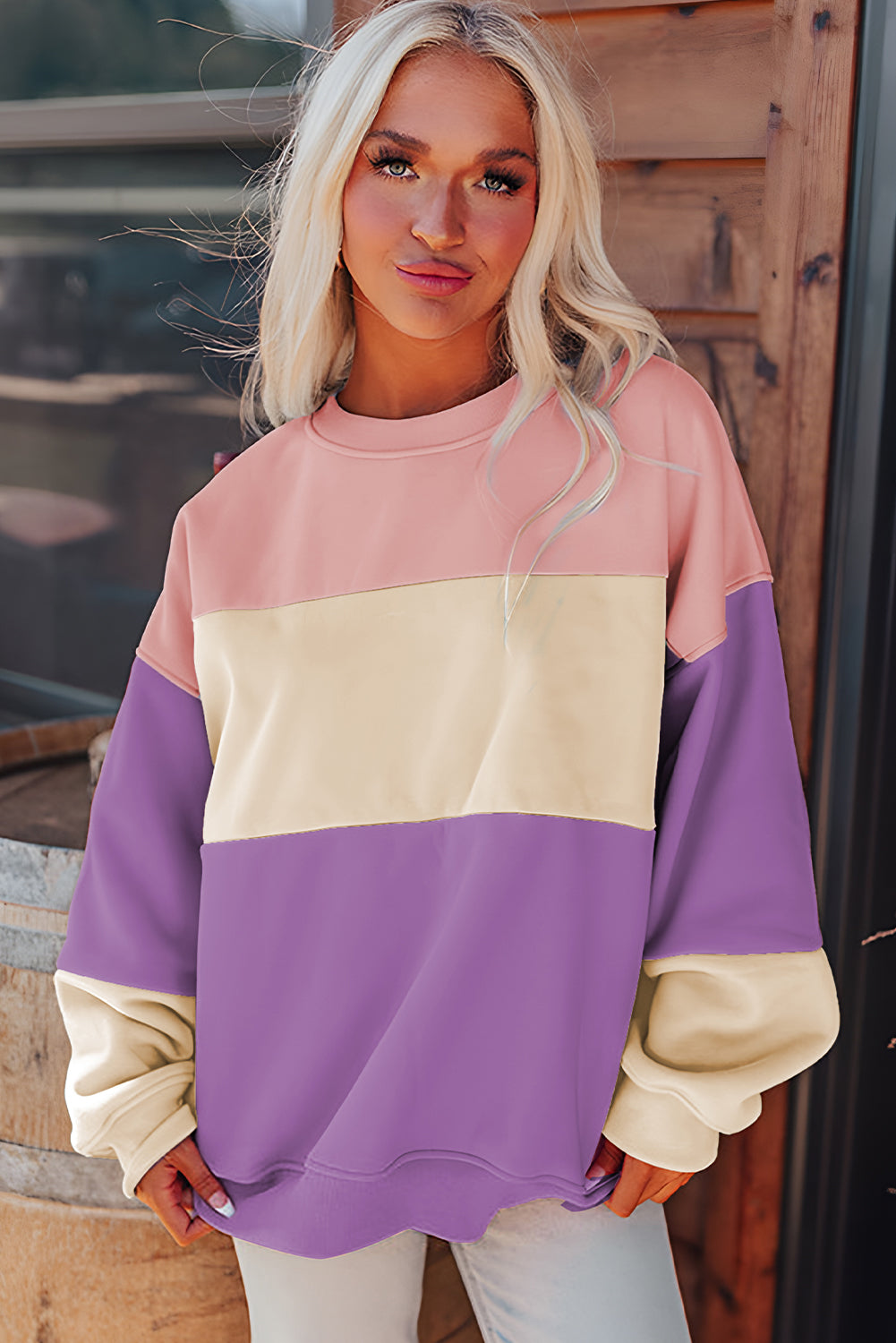 Cozy meadow mauve patchwork colorblock sweatshirt