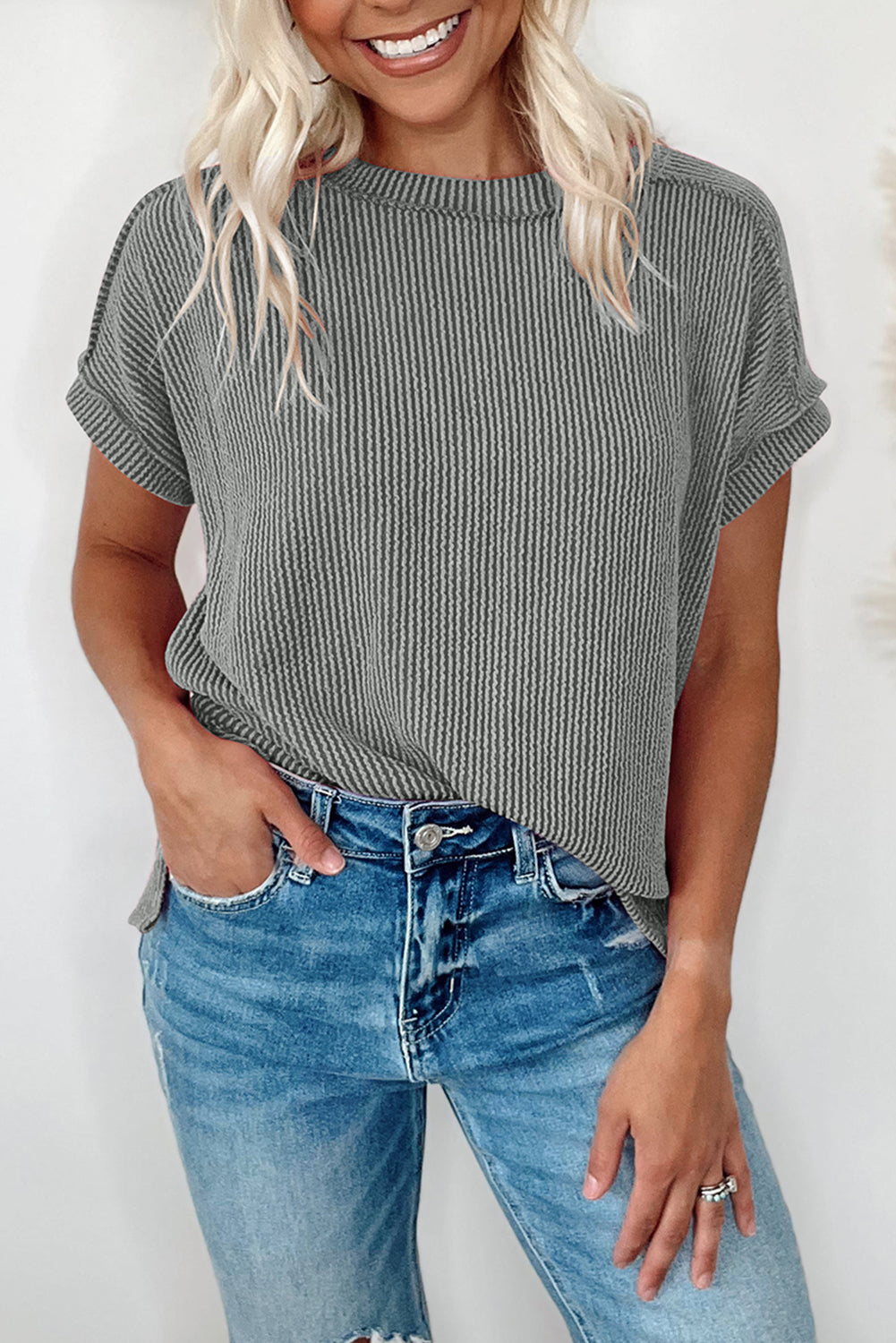 Medium Grey Textured Knit Exposed Stitching T-shirt