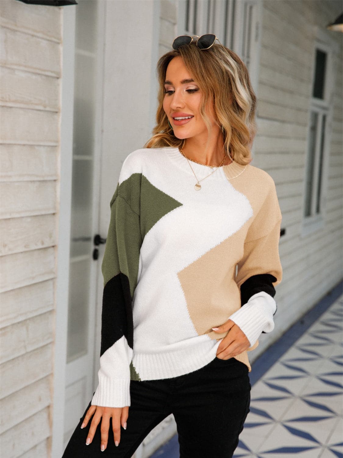 Color Block Round Neck Dropped Shoulder Sweater.