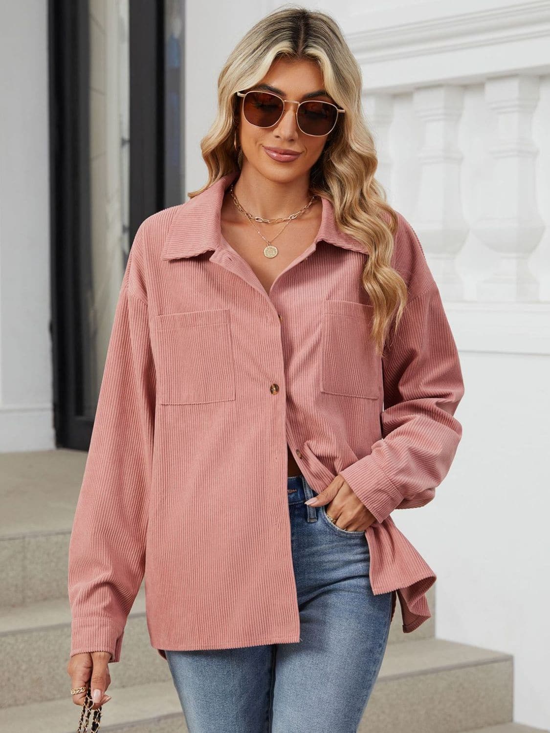 Chic Buttoned Long Sleeve Jacket with Dropped Shoulders