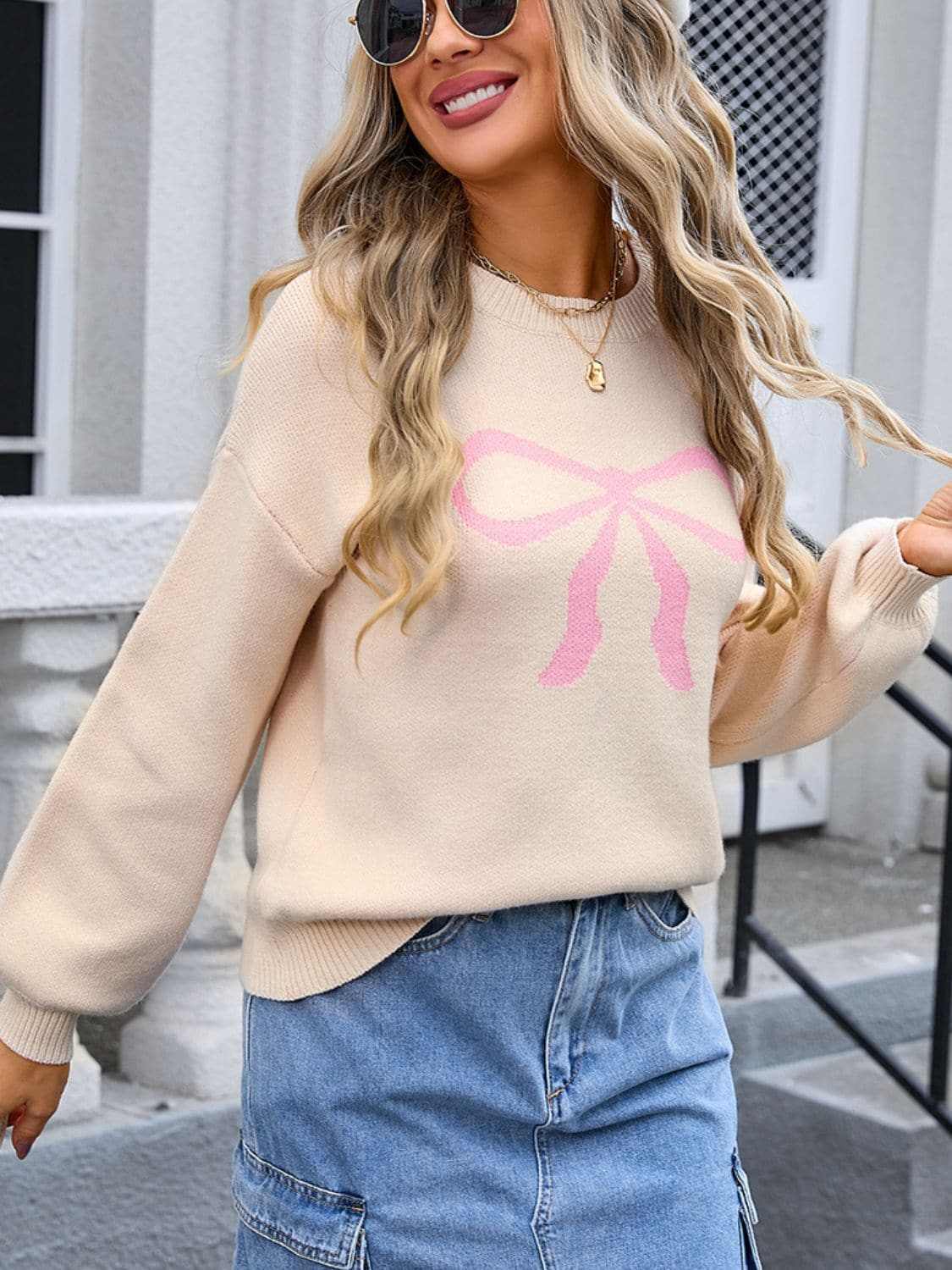 Charming bow print long sleeve sweater - Love Salve 