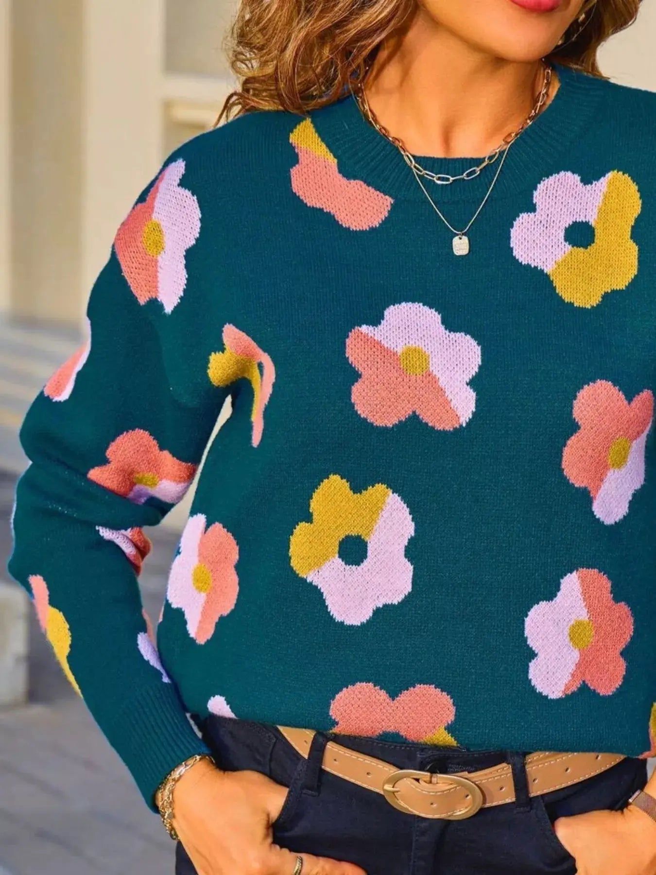 Floral Crew Neck Long Sleeve Sweater Simply Love