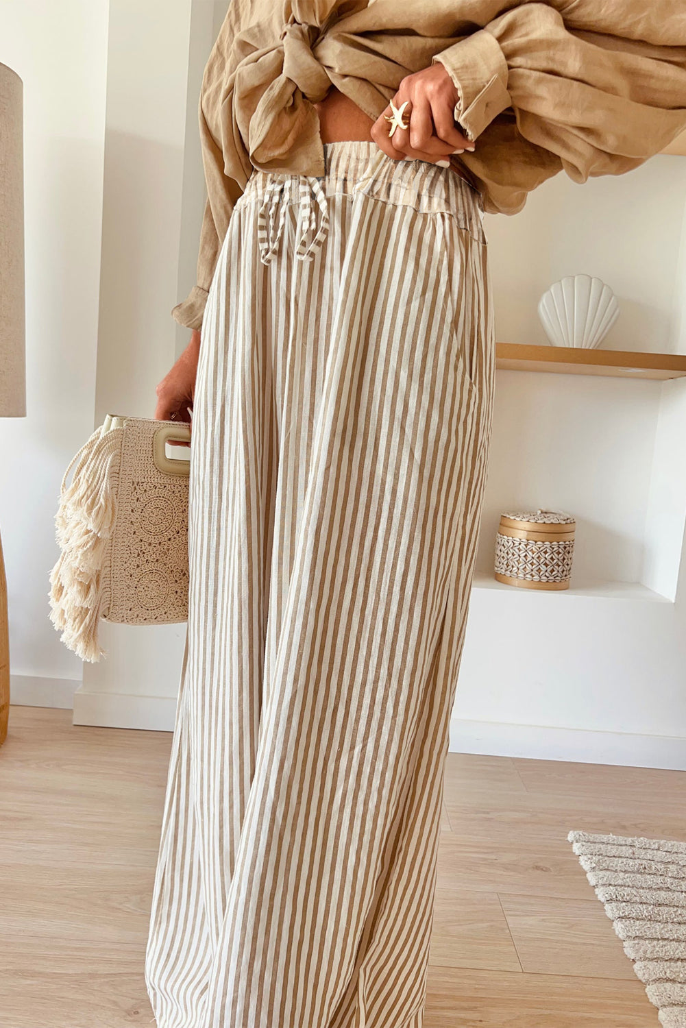 Khaki wide-leg drawstring trousers