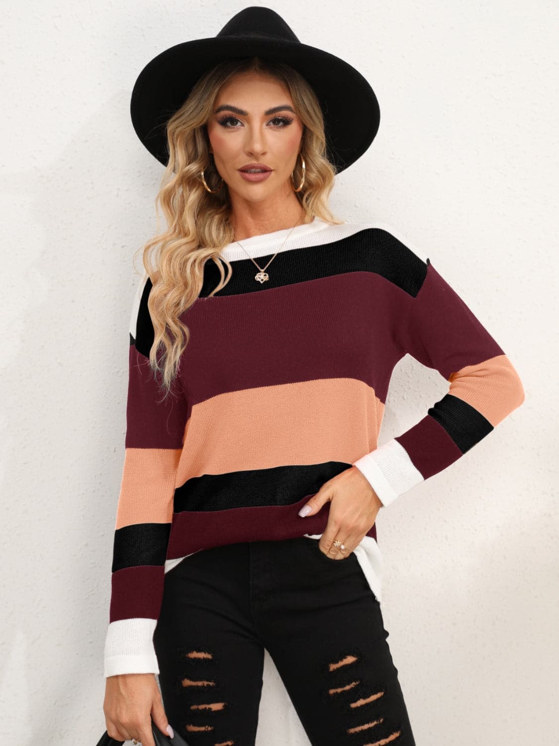 Striped Round Neck Dropped Shoulder Sweater.