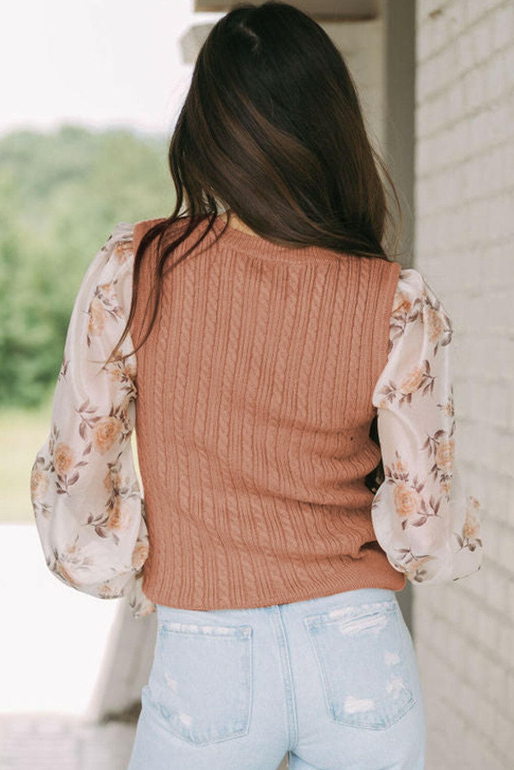 Ribbed Floral Lantern Sleeve Blouse.