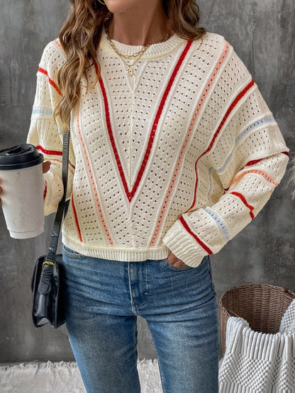 Chic eyelet sweater - round neck, comfy fit