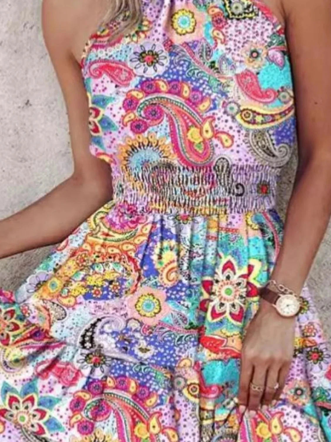 Boho Bloom Smocked Halter Mini Dress Coco’s Tee Boutique