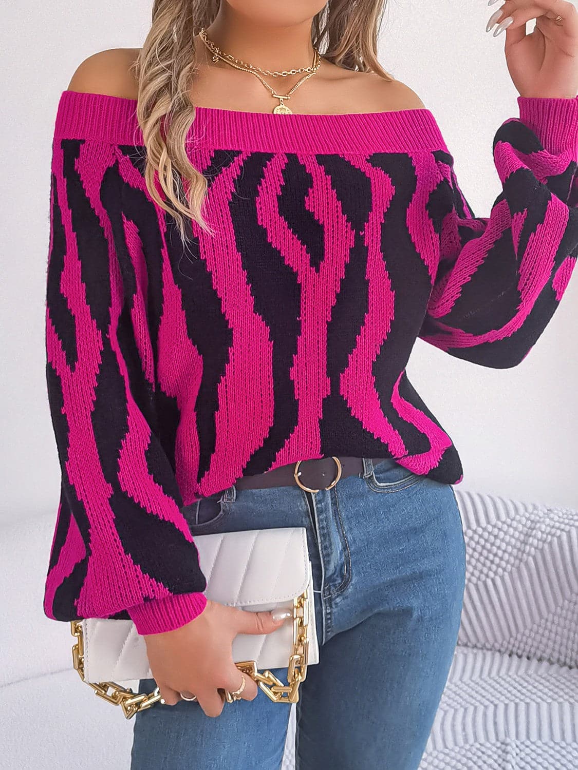 Off-Shoulder Animal Print Long Sleeve Sweater.