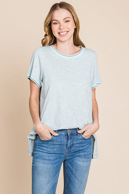 Cotton Bleu by Nu Lab Contrast Trim Short Sleeve Slit T-Shirt.