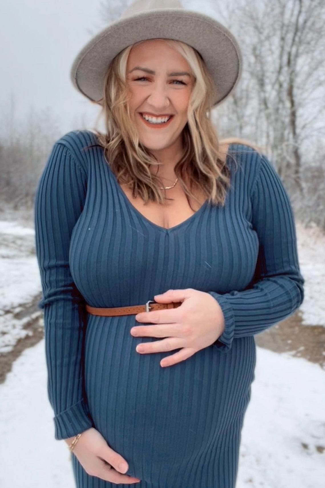 Blue V-Neck Long Sleeve Fitted Maternity Maxi Dress PinkBlush