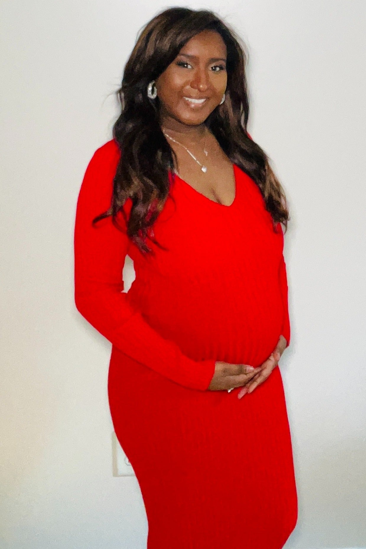 Red V-Neck Long Sleeve Fitted Maternity Maxi Dress PinkBlush