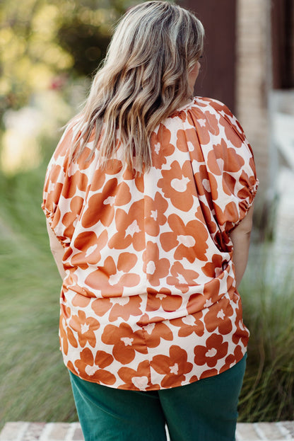 Floral Delight: Plus Size Orange V Neck Blouse with Drawstring Detail