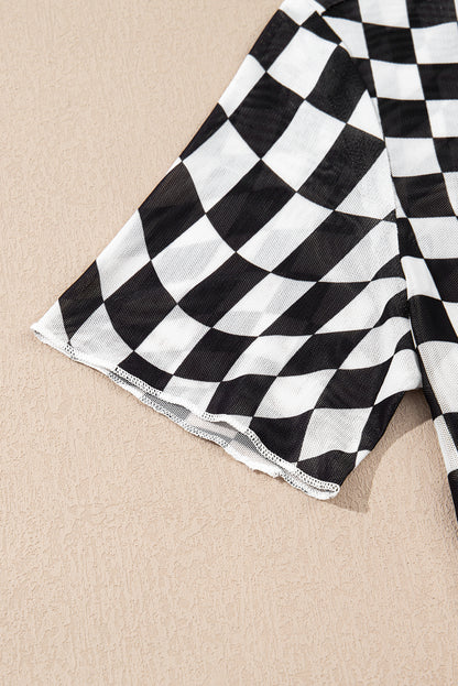 Black Checker Mesh Crew Neck T Shirt for Women Fashion