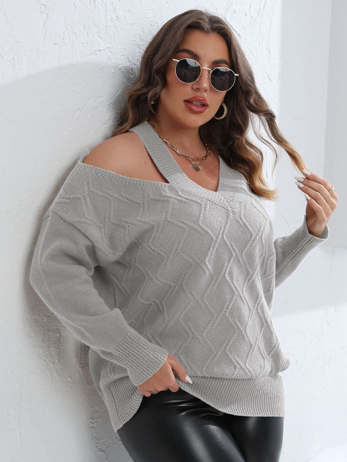 Plus Size Cutout V-Neck Sweater.