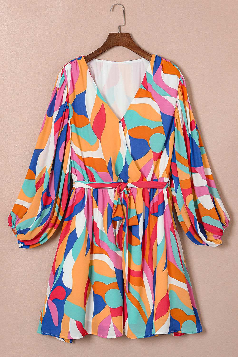 Vibrant multicolor abstract belted shift dress with oversized sleeves