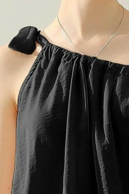 Ninexis One Shoulder Bow Tie Strap Satin Silk Top.