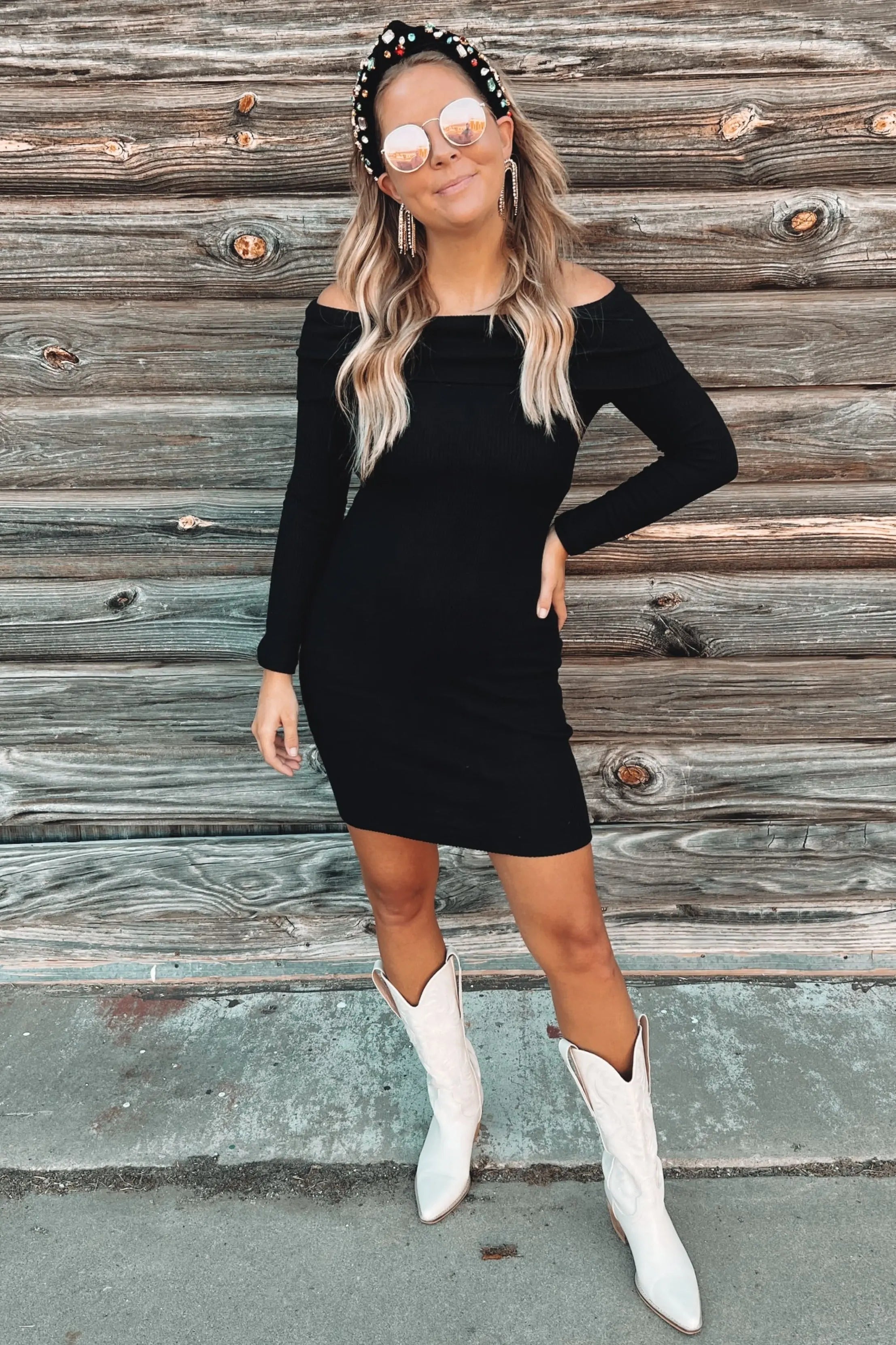 Black Off Shoulder Ribbed Knit Dress With Folded Neckline PinkBlush