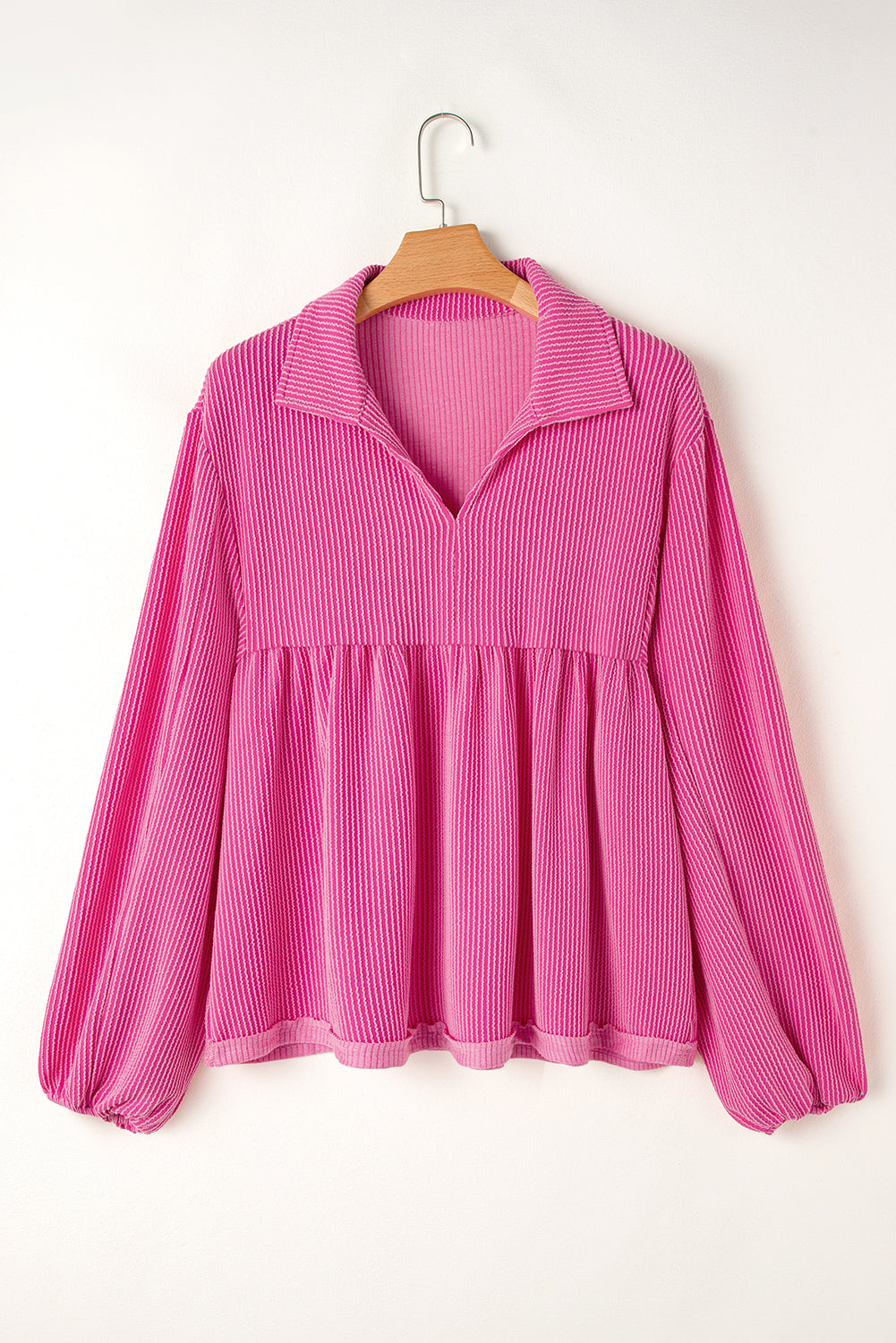 Chic bright pink bubble sleeve babydoll blouse with V-neck and turn-down collar