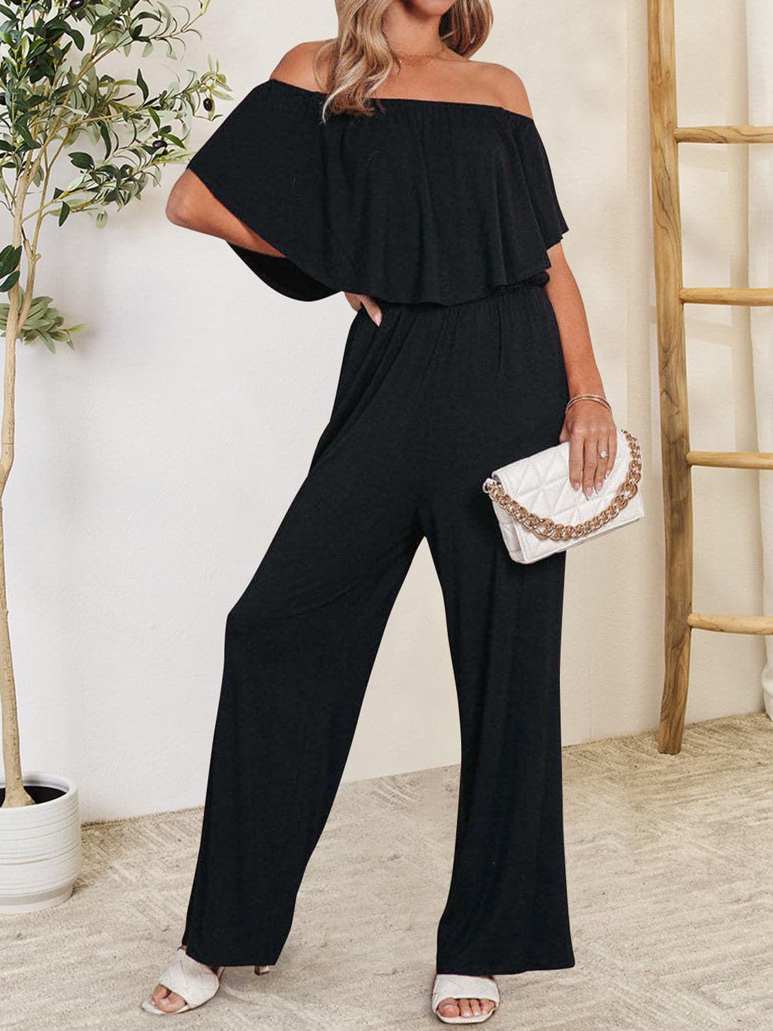 Ruffled Off-Shoulder Jumpsuit.