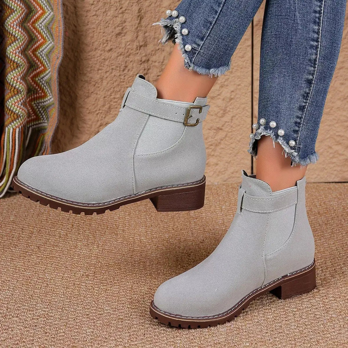 Women Round Toe Block Heel Ankle Boots Buckle Strap PU Leather Black Simply Love