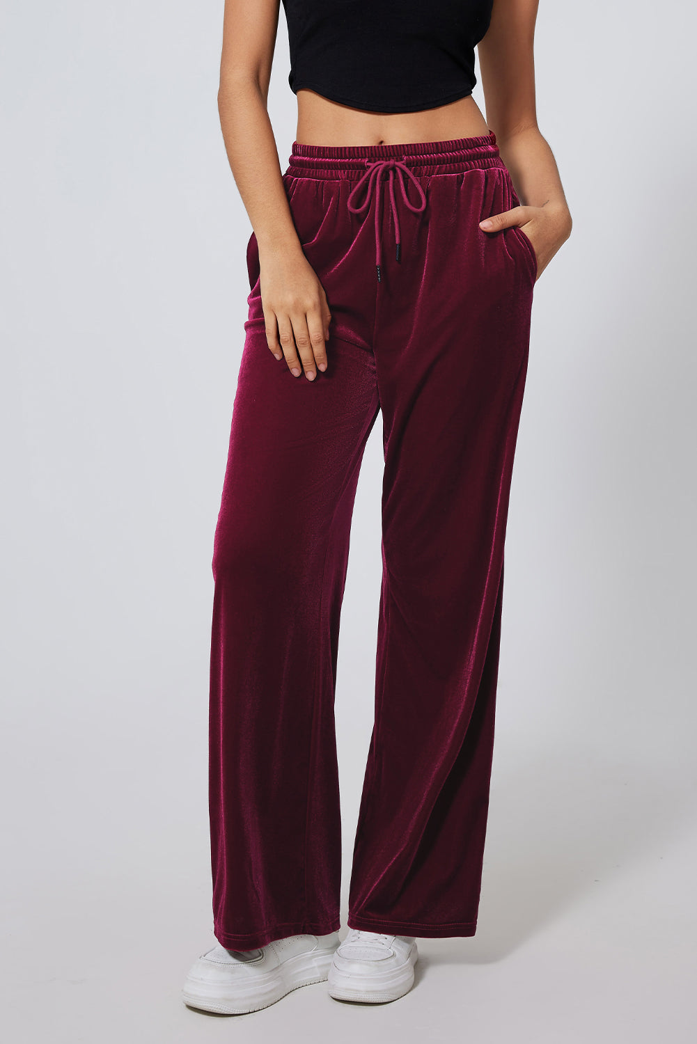 Chic burgundy wide leg pants with adjustable drawstring waist