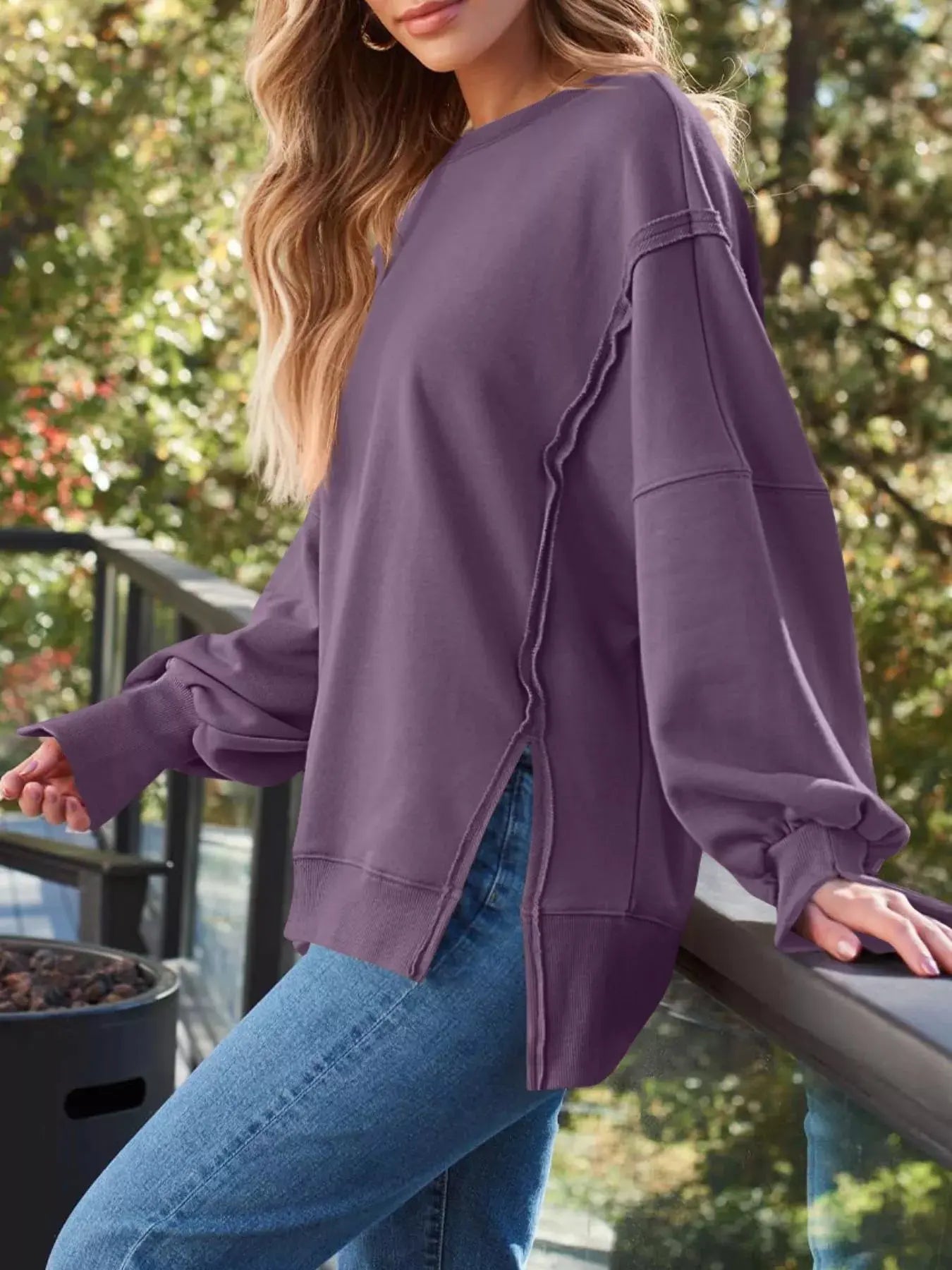 Side Slit Long Sleeve Oversized Sweatshirt Simply Love