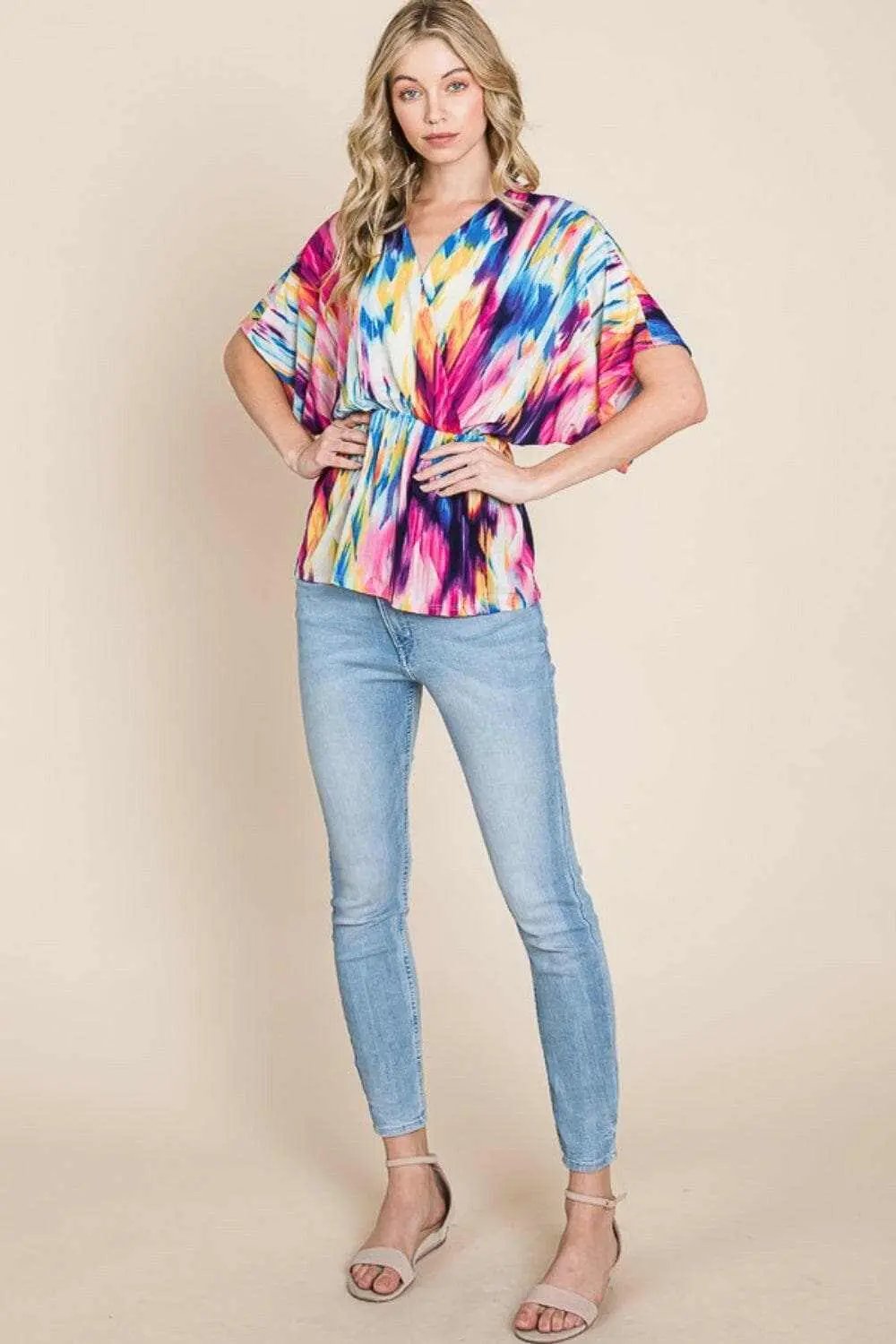 BOMBOM Printed Surplice Peplum Blouse - Love Salve 