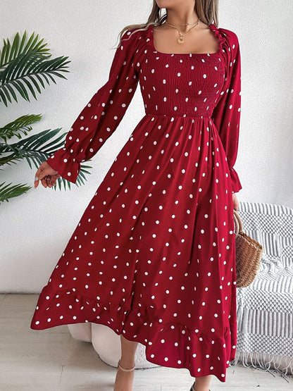 Polka Dot Flounce Sleeve Midi Dress.