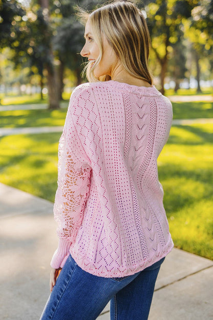 Openwork Lantern Sleeve Dropped Shoulder Sweater.