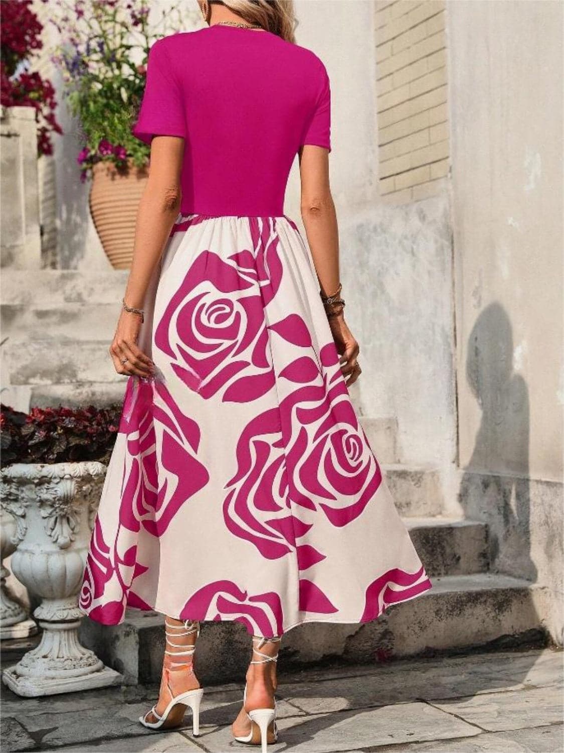 Rose Printed Round Neck Short Sleeve Dress.