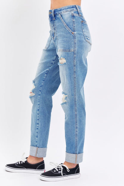 Judy Blue Full Size Distressed Straight Jeans with Patch Pockets.