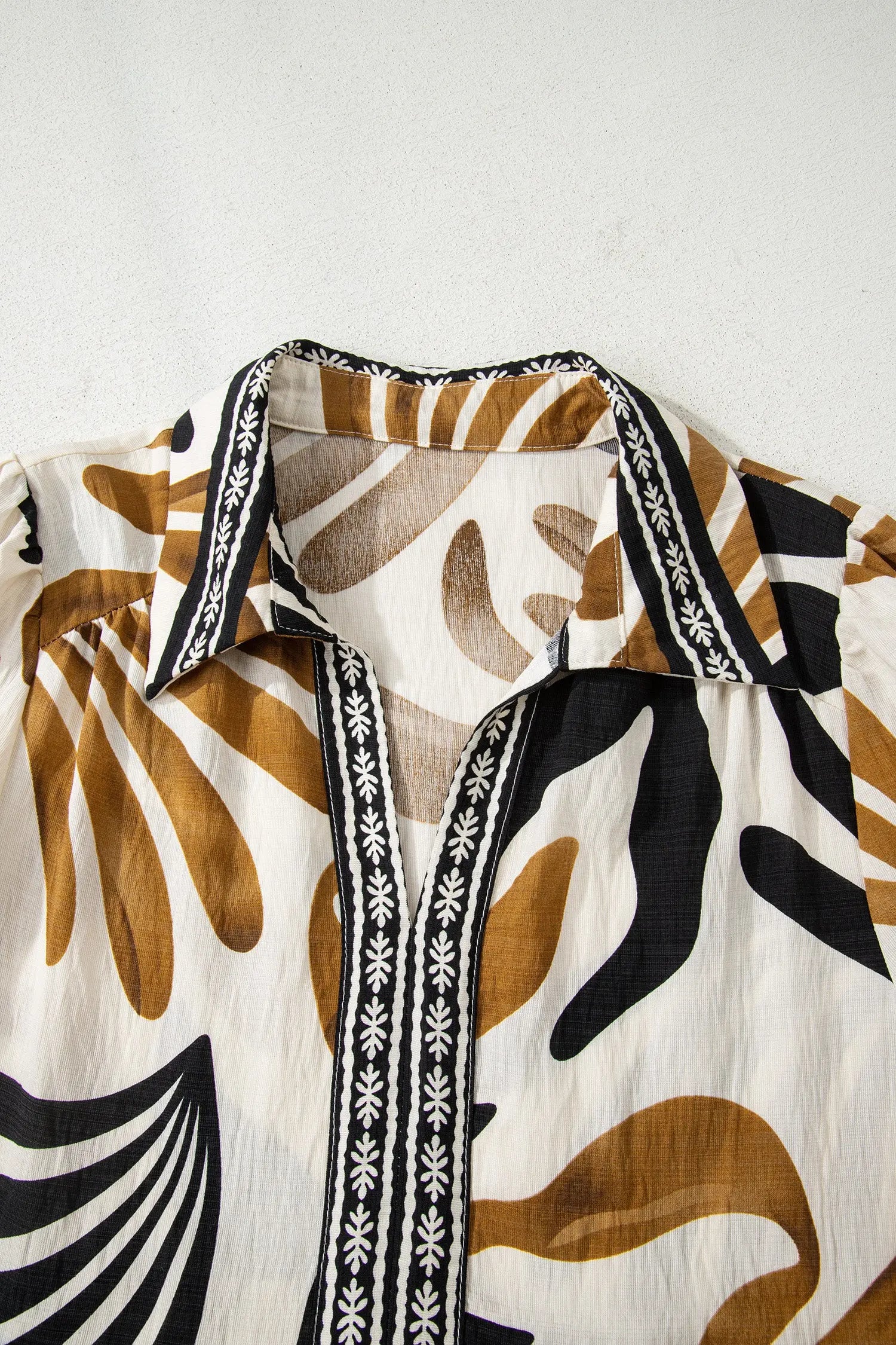 Brown Tropical Print Dress With Contrast Trim Neck Long Sleeve Ruffle Hem Dear-Lover Dropshipping