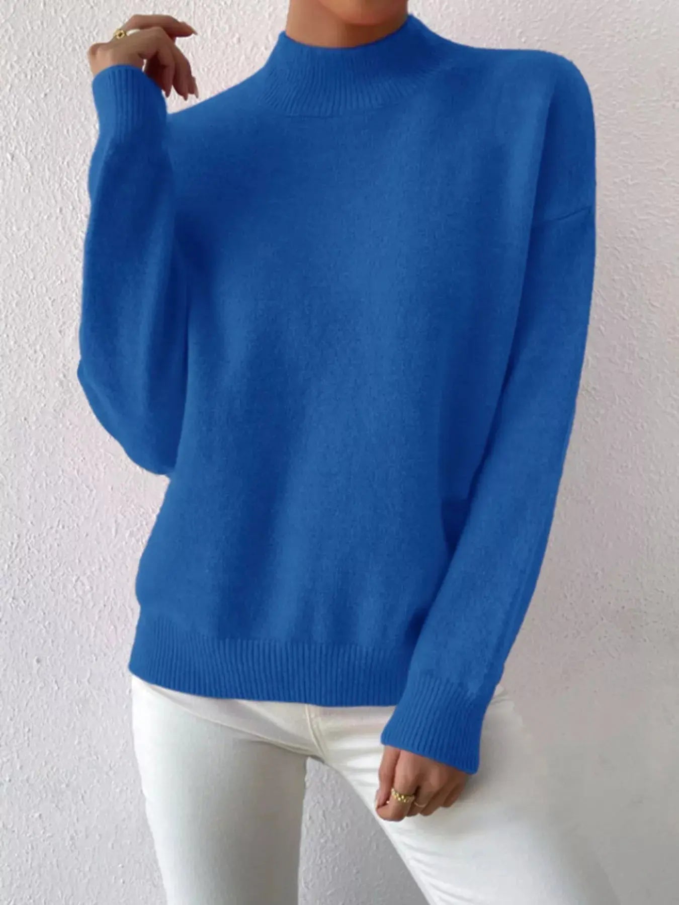 Mock Neck Dropped Shoulder Sweater Simply Love