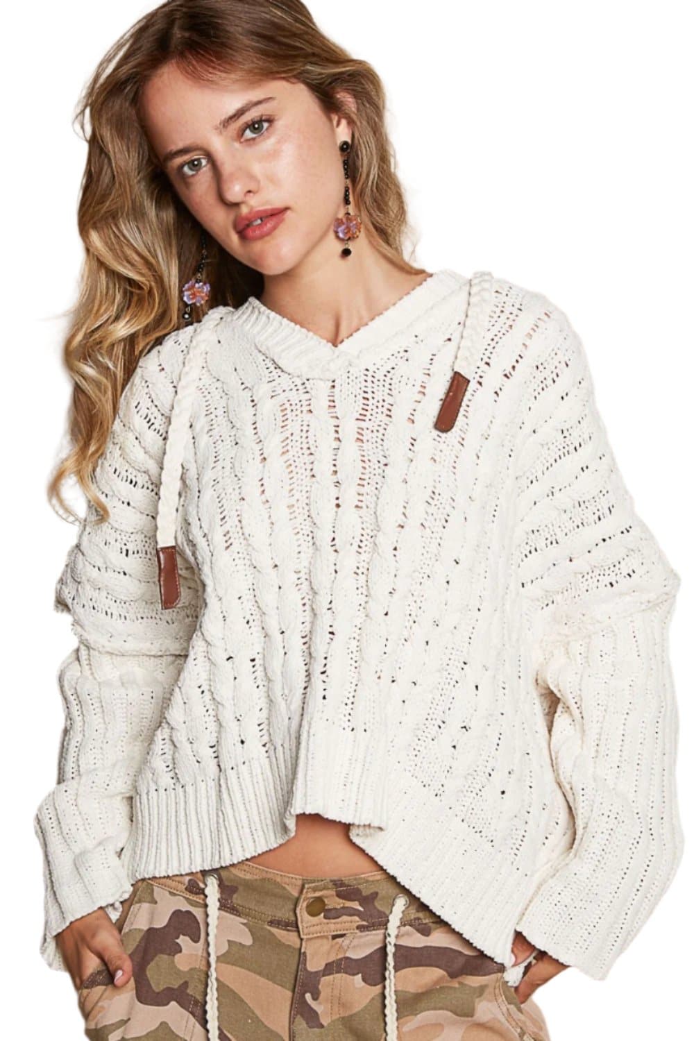 Cozy cable knit hooded sweater with rib weave sleeves