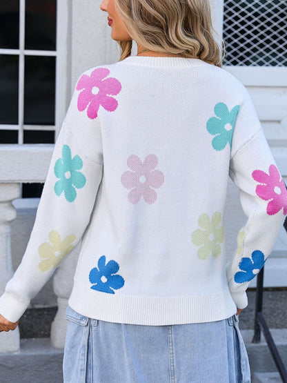 Floral print long sleeve sweater with round neck