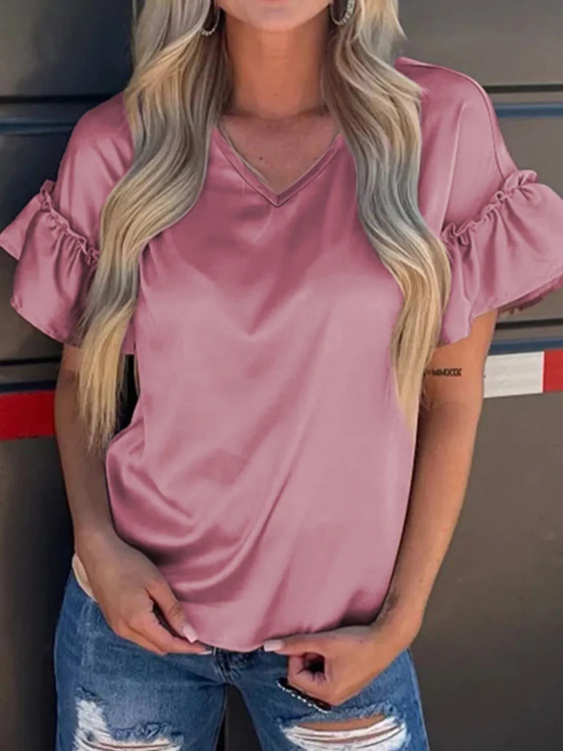 Toadstool Satin Ruffle Sleeve Top – Dusty Pink