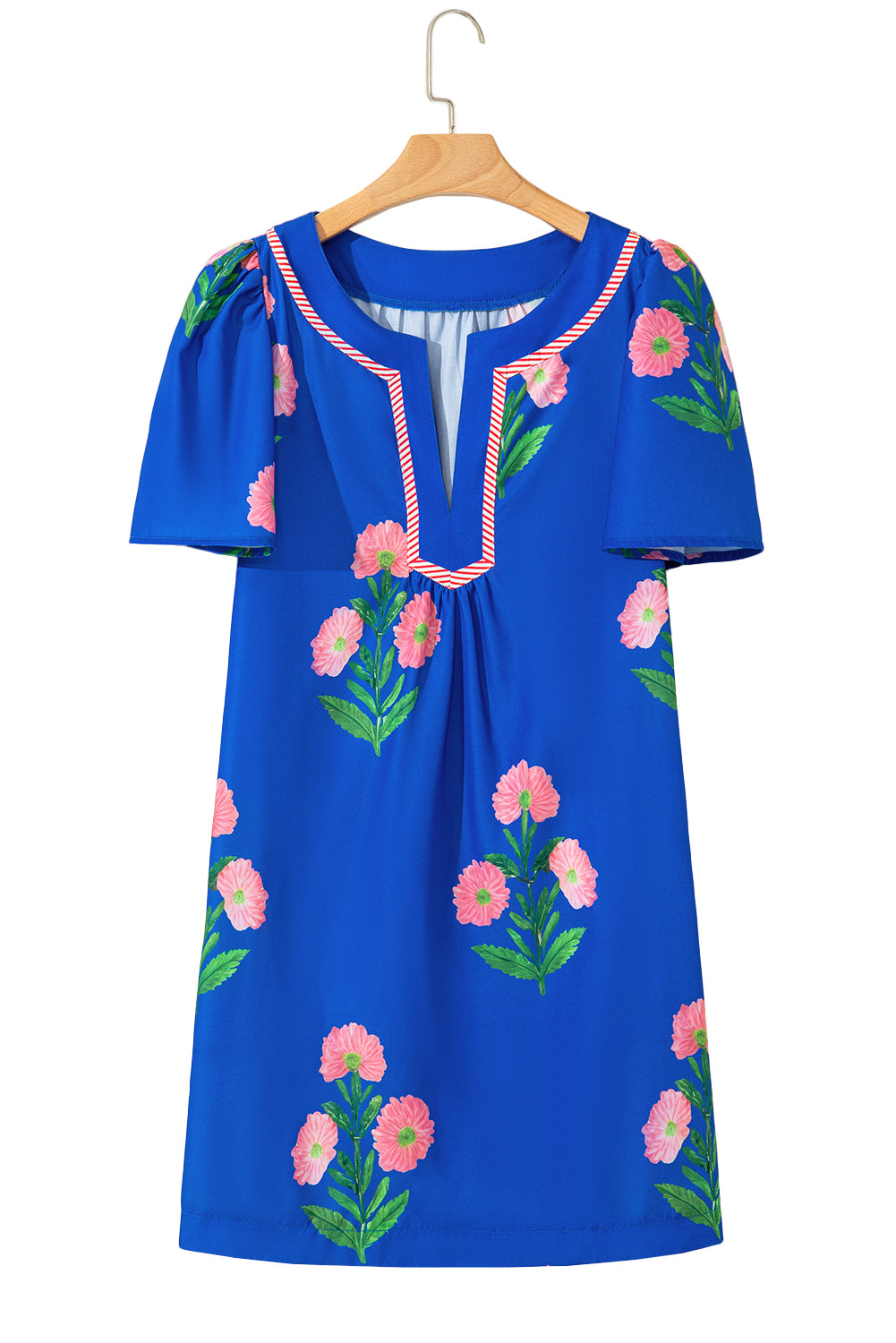 Blue Floral Short Sleeve Split Neck Loose Mini Dress - Love Salve 