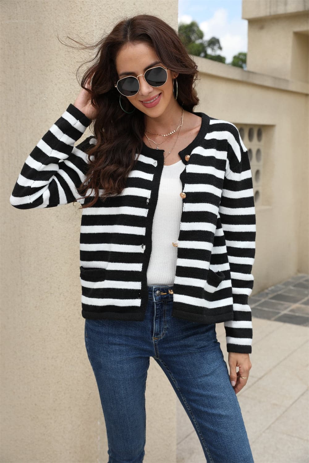 Striped Round Neck Button-Down Dropped Shoulder Cardigan.