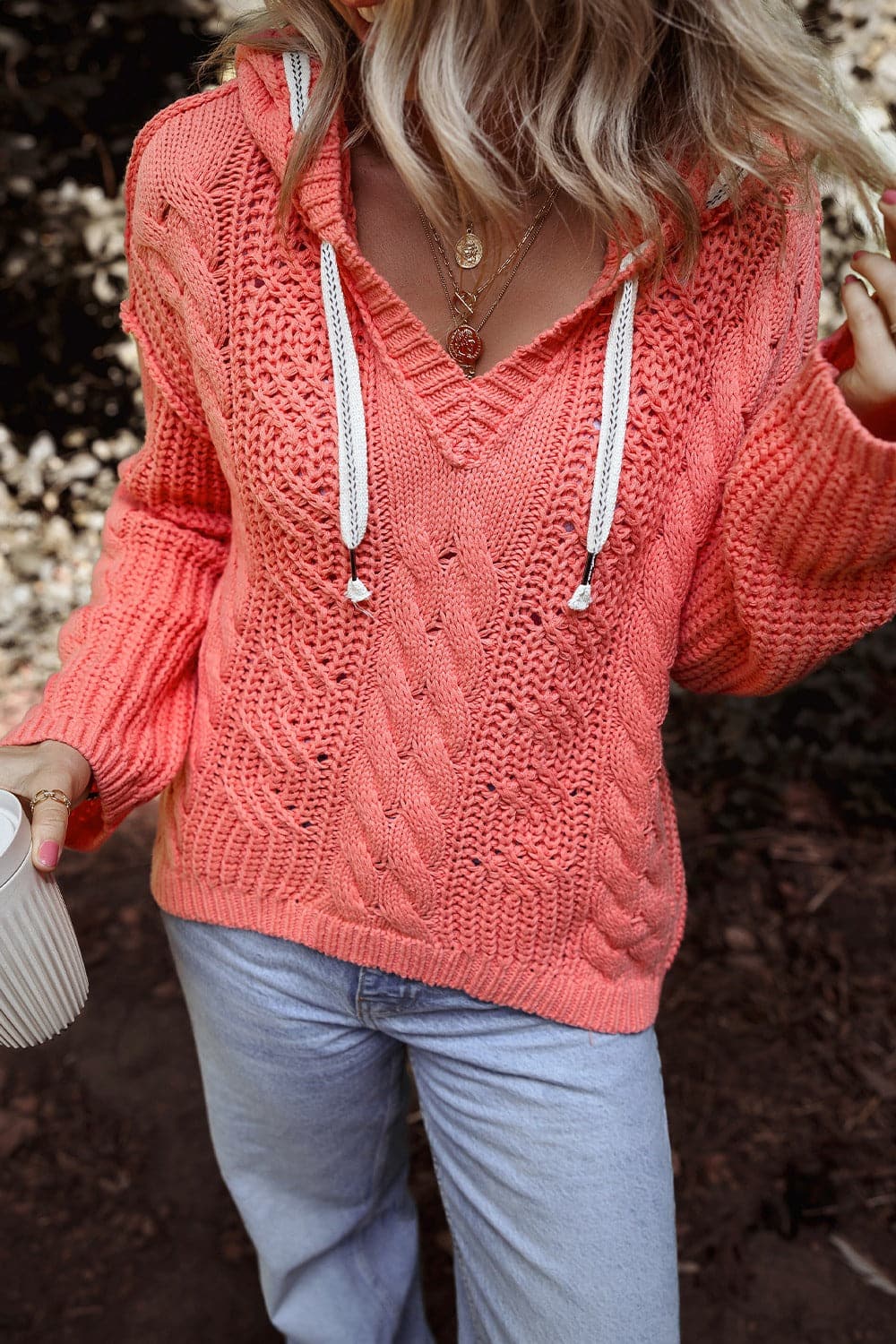 Drawstring Cable-Knit Hooded Sweater.