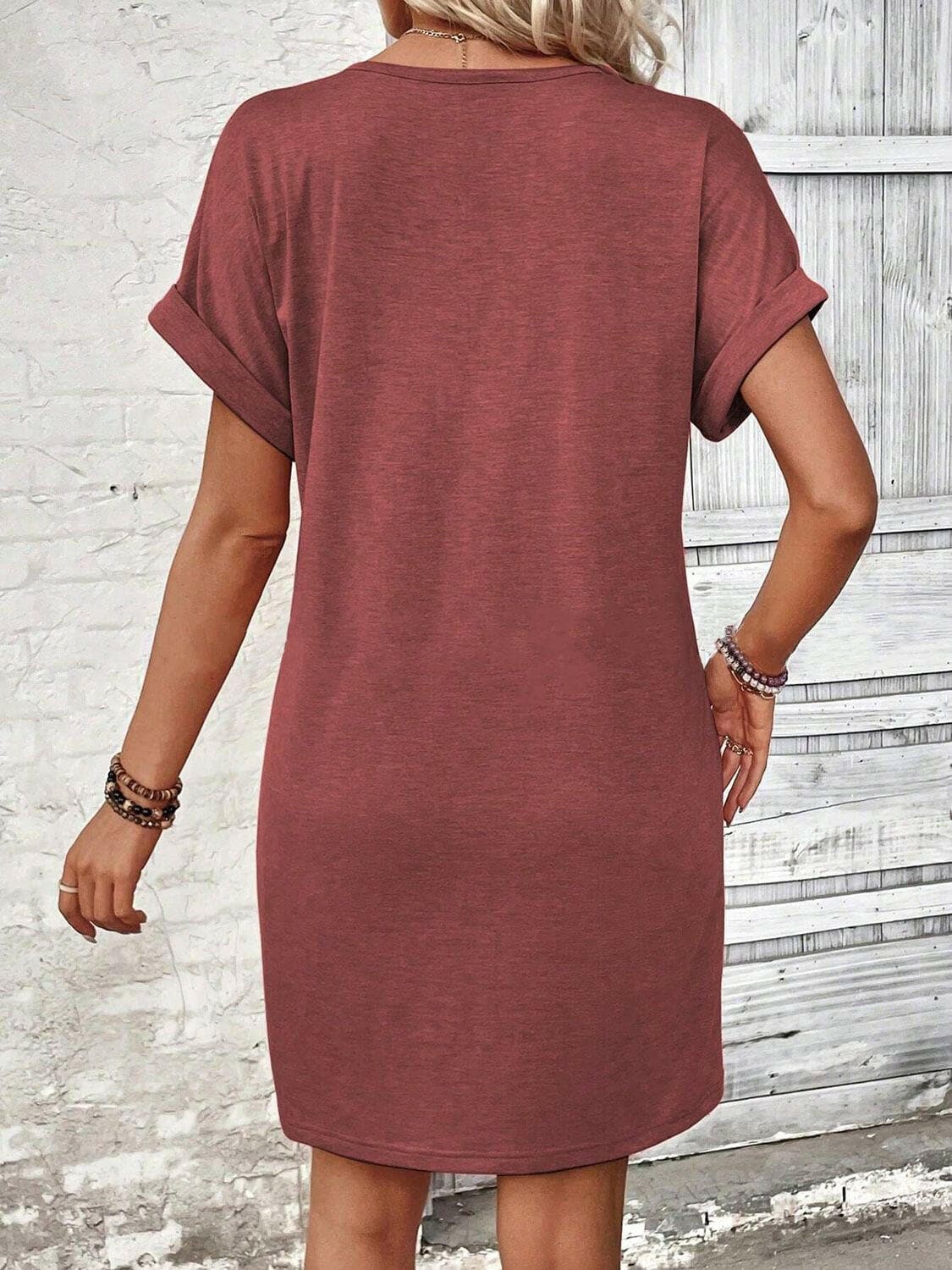 Quarter Button V-Neck Short Sleeve Dress.