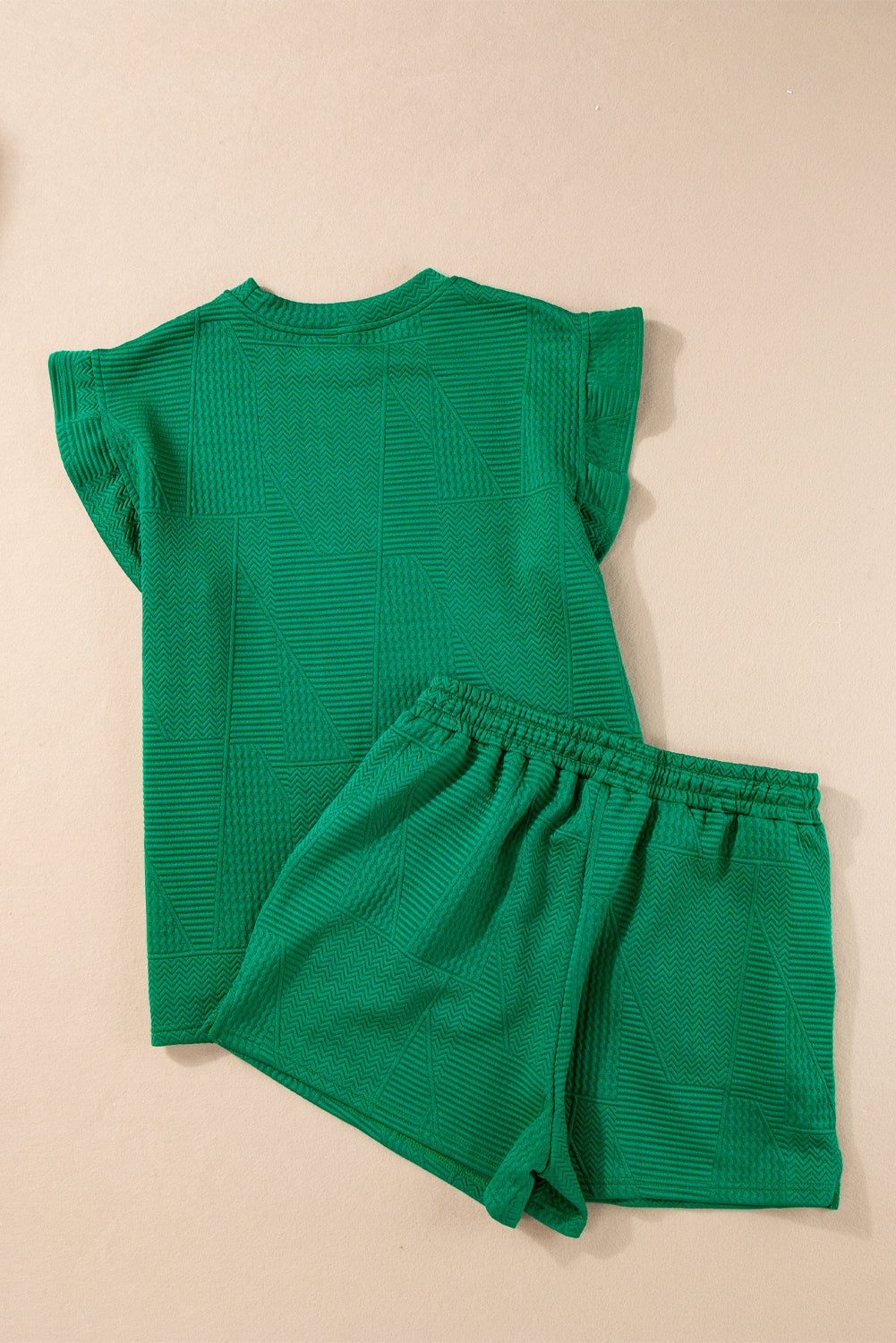 Chic dark green ruffle top and drawstring shorts set